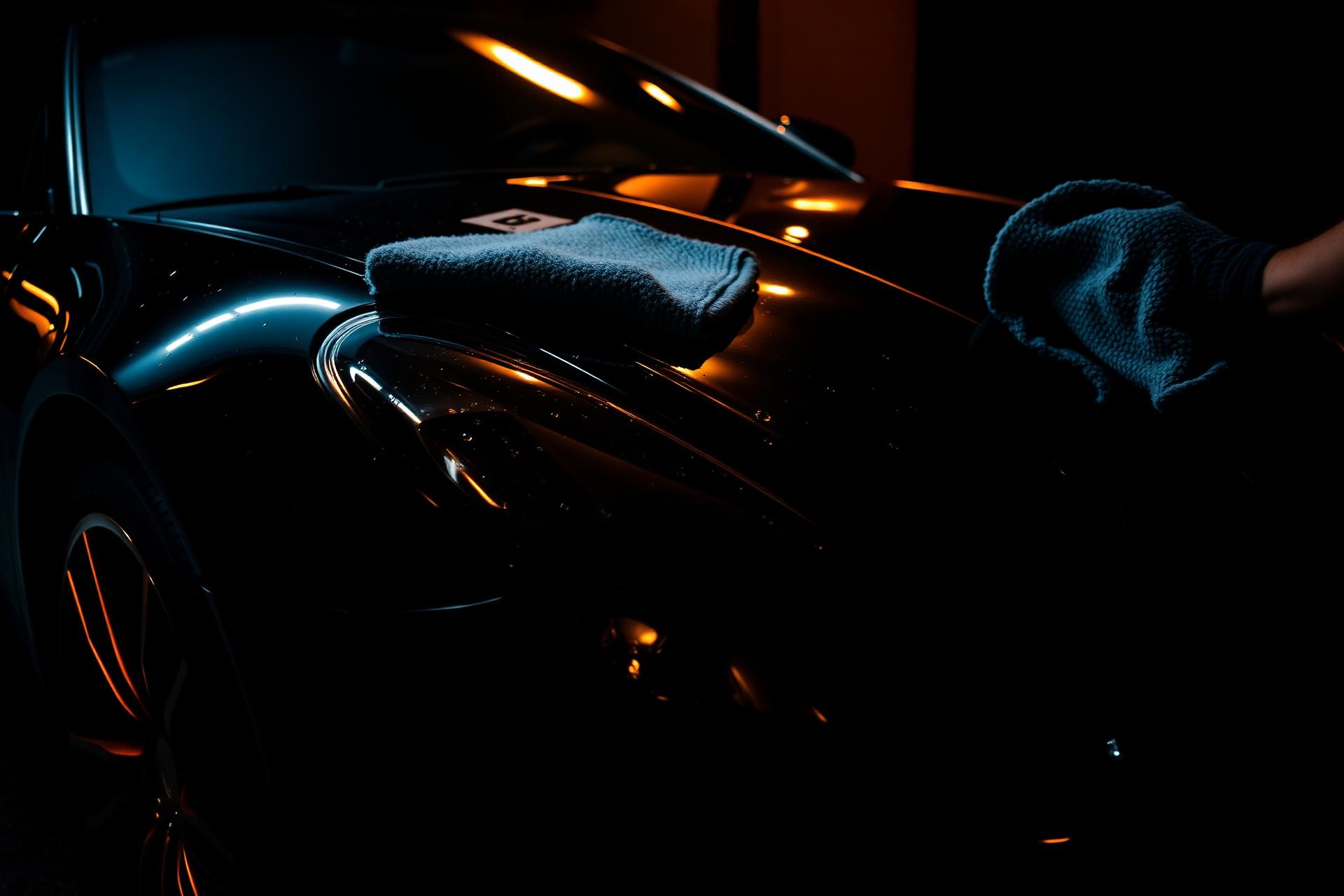 Glossy black sports car being detailed at night